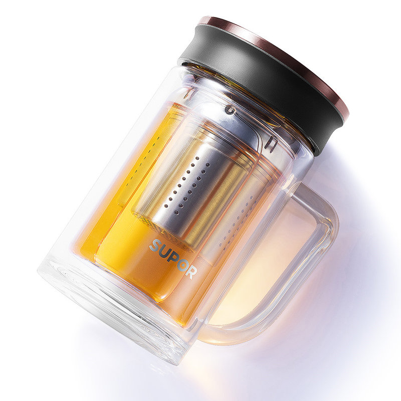 水杯双层带手把办公杯便携带盖过滤玻璃杯泡茶杯子kc42cl1楠木金420ml